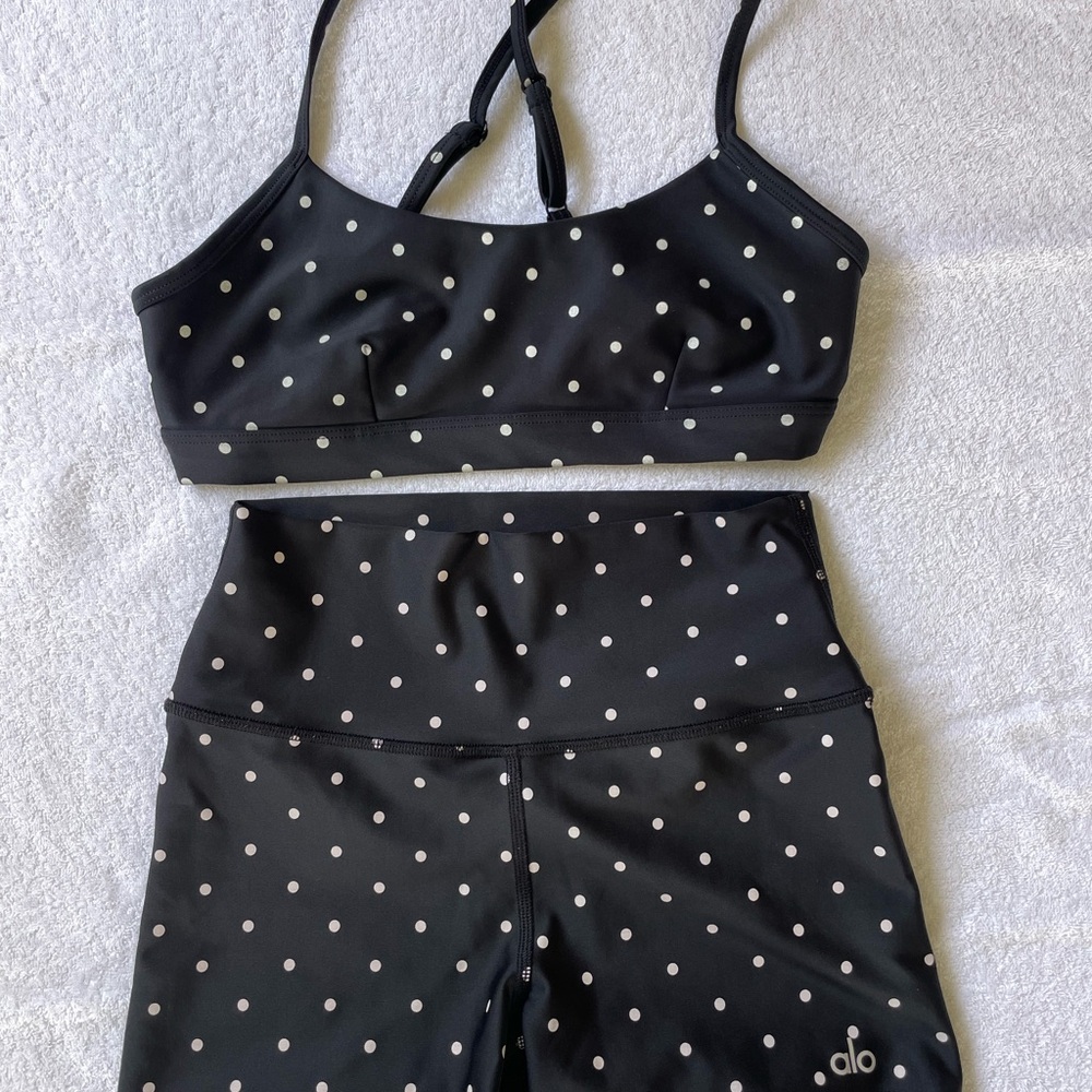 ALO Yoga Black and White Polka Dot Sports Bra and Shorts